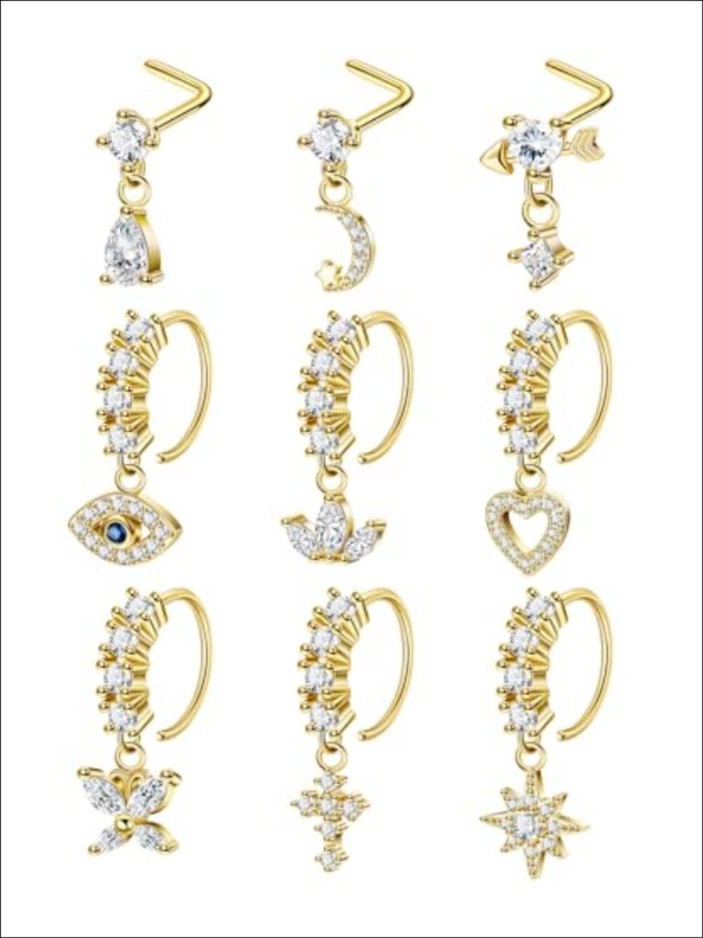 20G Surgical Steel Dangle Nose Ring Set L-Shaped Nose Studs Charms